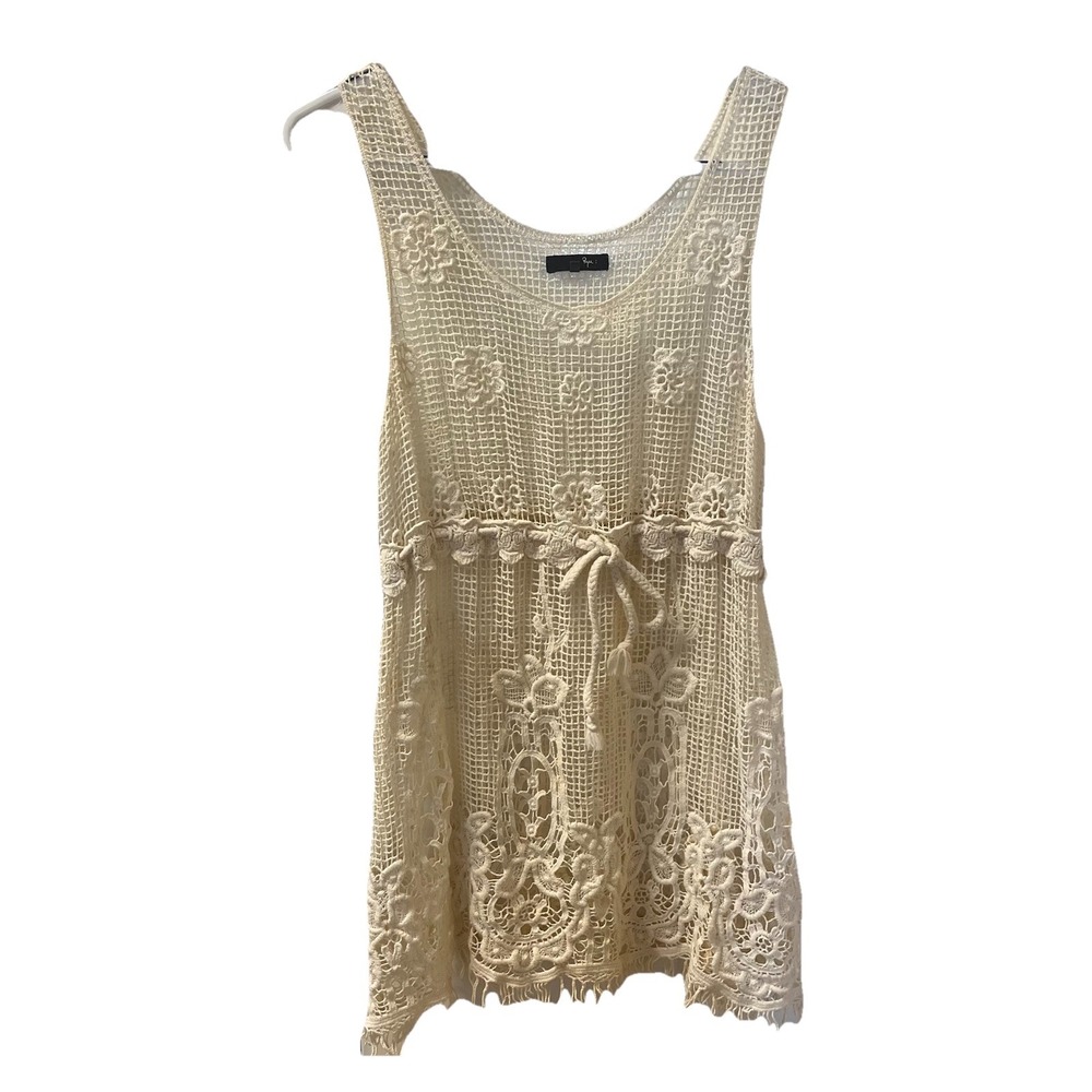 Ryu Crochet Floral Mini Dress Sz S Fringe Hem Rope Belt Sheer Beachy Resort Wear